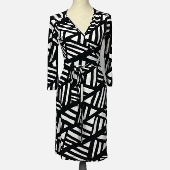 Banana Republic Factory Wrap Dress Midi Size XS Black White Abstract Print - Picture 11 of 11